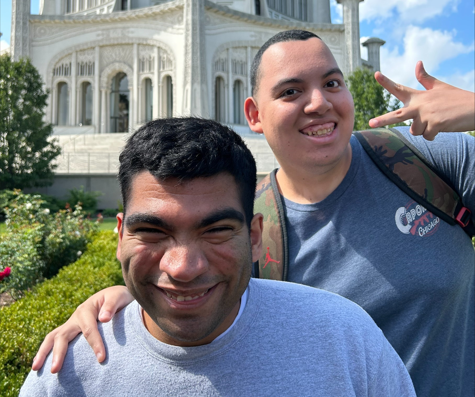 A photo of cel members Sebastian and Jordan at the Bahai Temple.